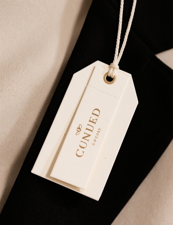 Elegant folded hang tag on a high-end fashion item.
